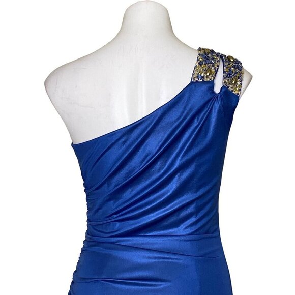 Cachet NWT One-Shoulder Beaded Formal Maxi Dress, Blue Women's Size 10 - Picture 6 of 11